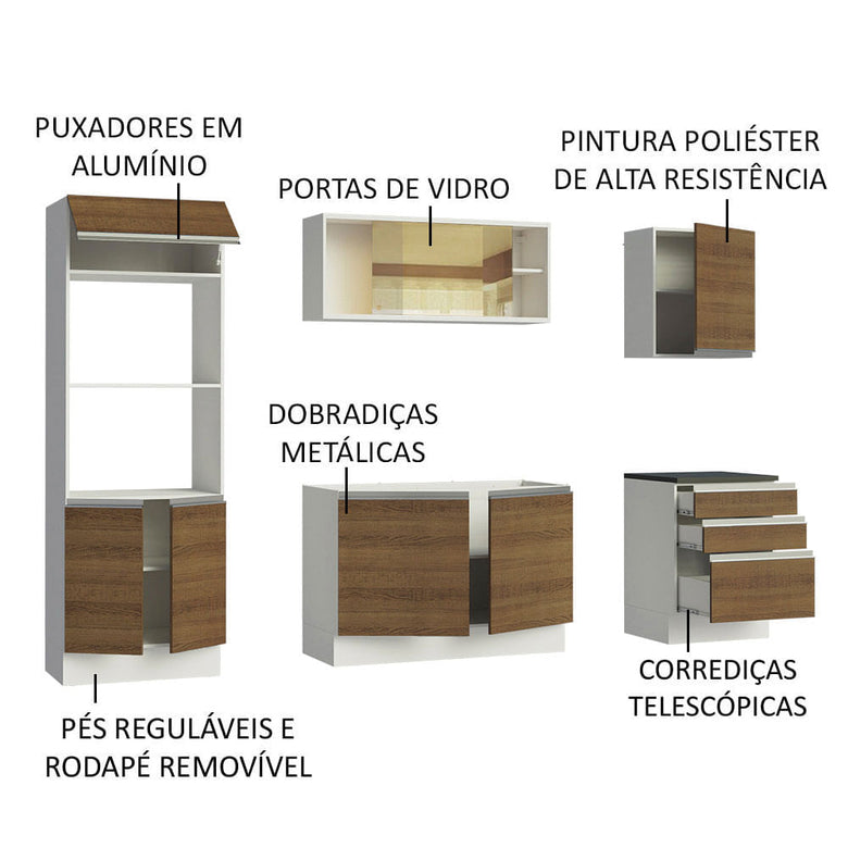 Armário de Cozinha Completa 100% MDF 250cm Branco/Rustic Acordes Madesa 01