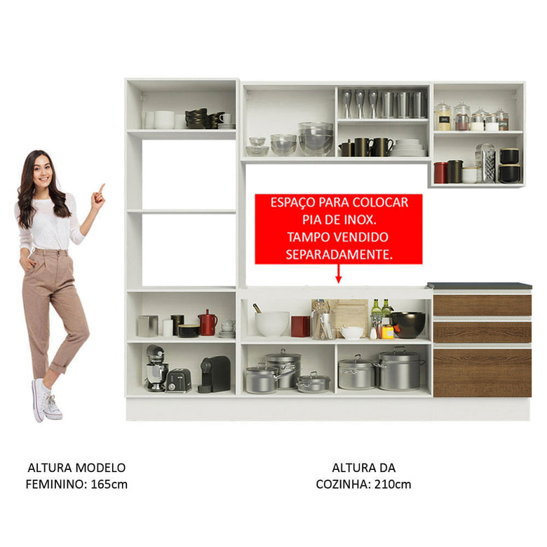 Armário de Cozinha Completa 100% MDF 250cm Branco/Rustic Acordes Madesa 01