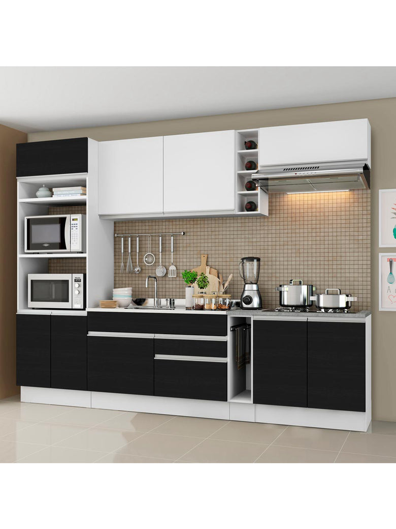 Armário de Cozinha Completa 290cm Branco/Preto/Branco Vicenza Madesa 07