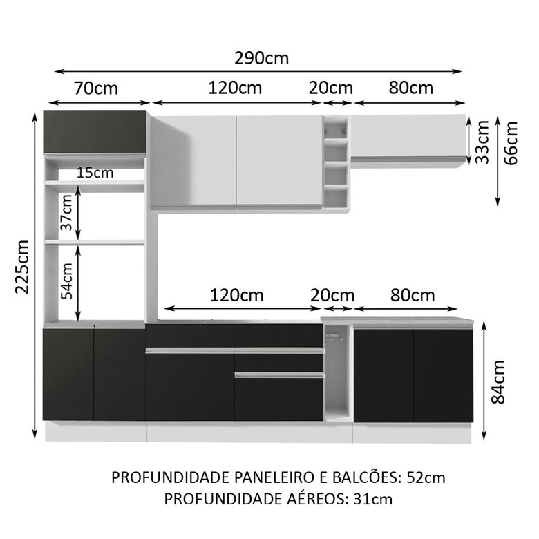 Armário de Cozinha Completa 290cm Branco/Preto/Branco Vicenza Madesa 07