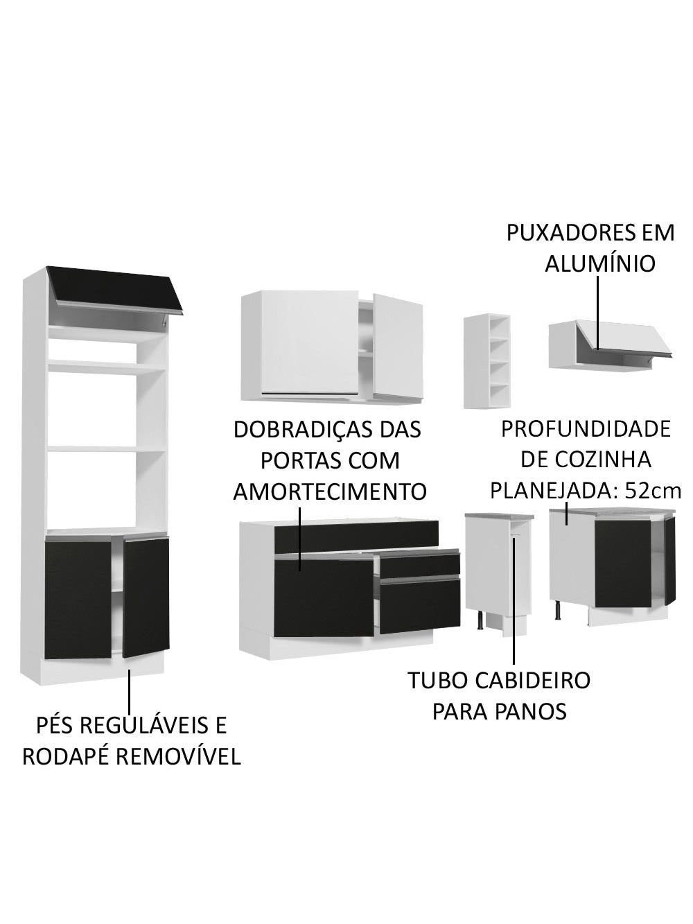 Armário de Cozinha Completa 290cm Branco/Preto/Branco Vicenza Madesa 07