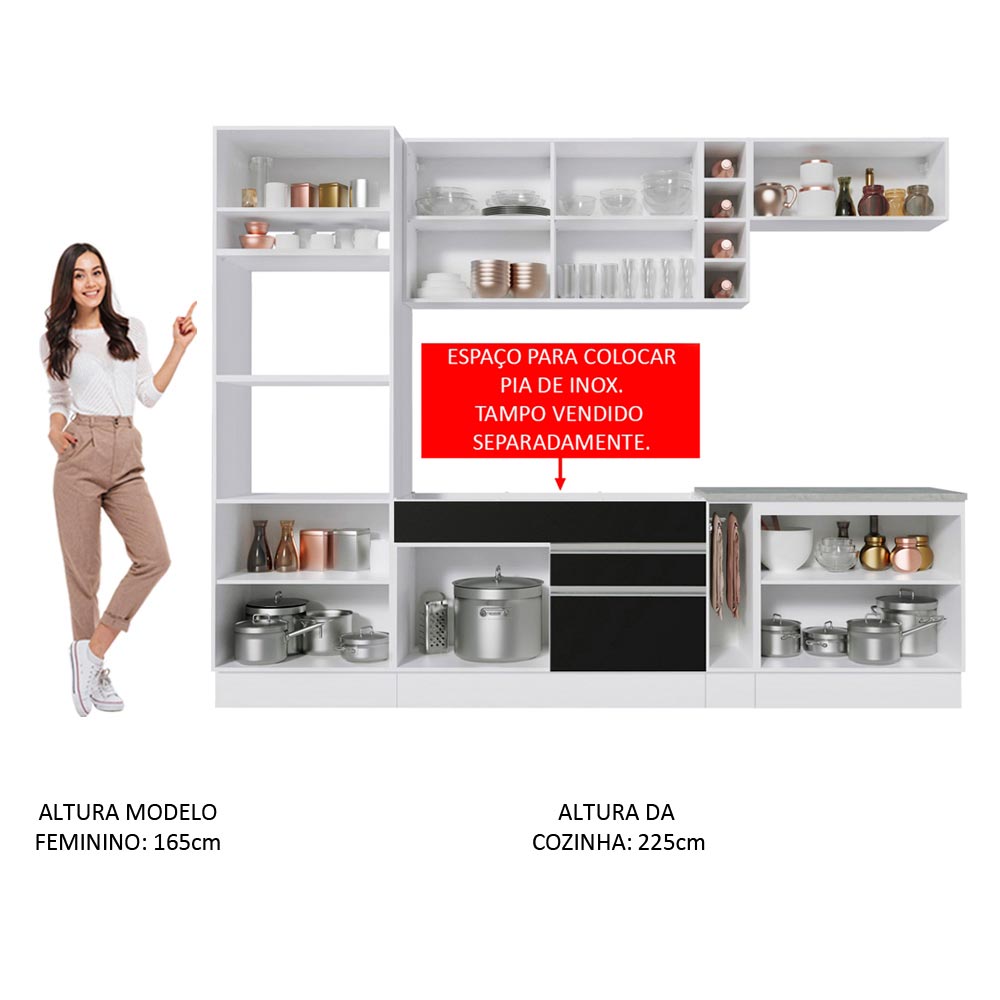 Armário de Cozinha Completa 290cm Branco/Preto/Branco Vicenza Madesa 07