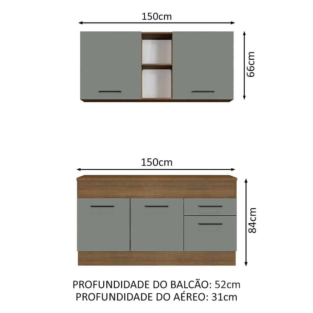 Armário de Cozinha Compacta 150cm Rustic/Cinza Agata Madesa 01