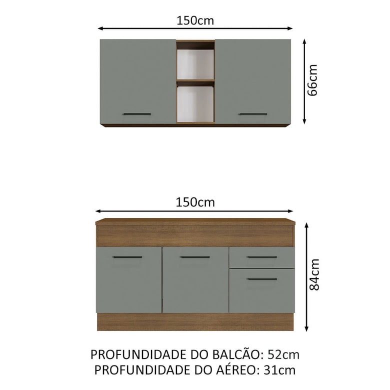 Armário de Cozinha Compacta 150cm Rustic/Cinza Agata Madesa 01