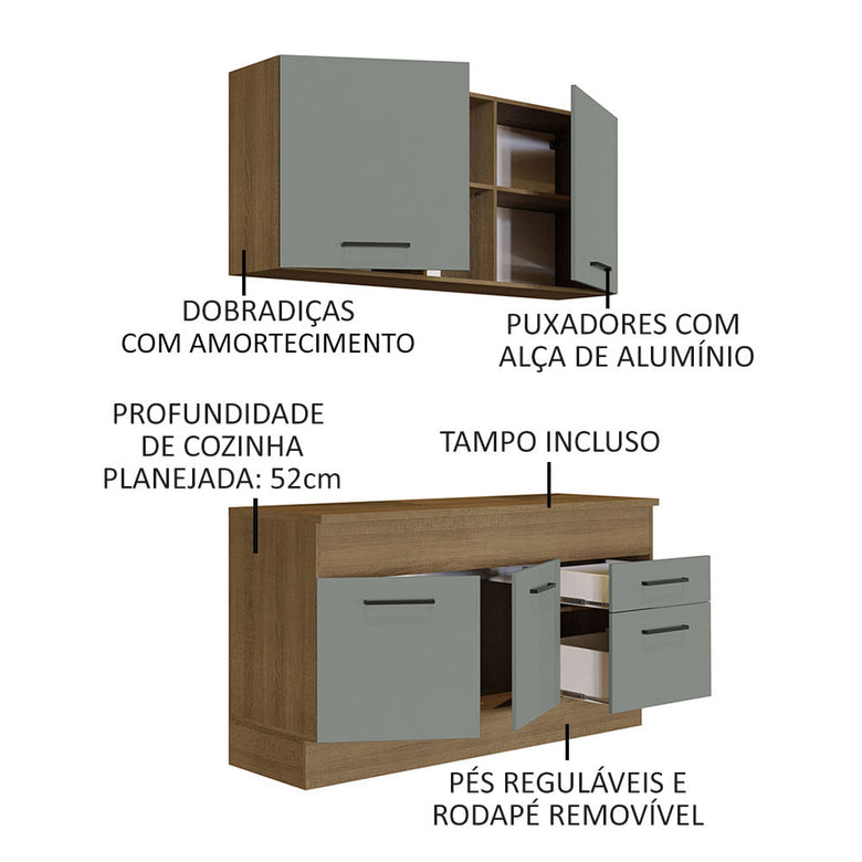 Armário de Cozinha Compacta 150cm Rustic/Cinza Agata Madesa 01