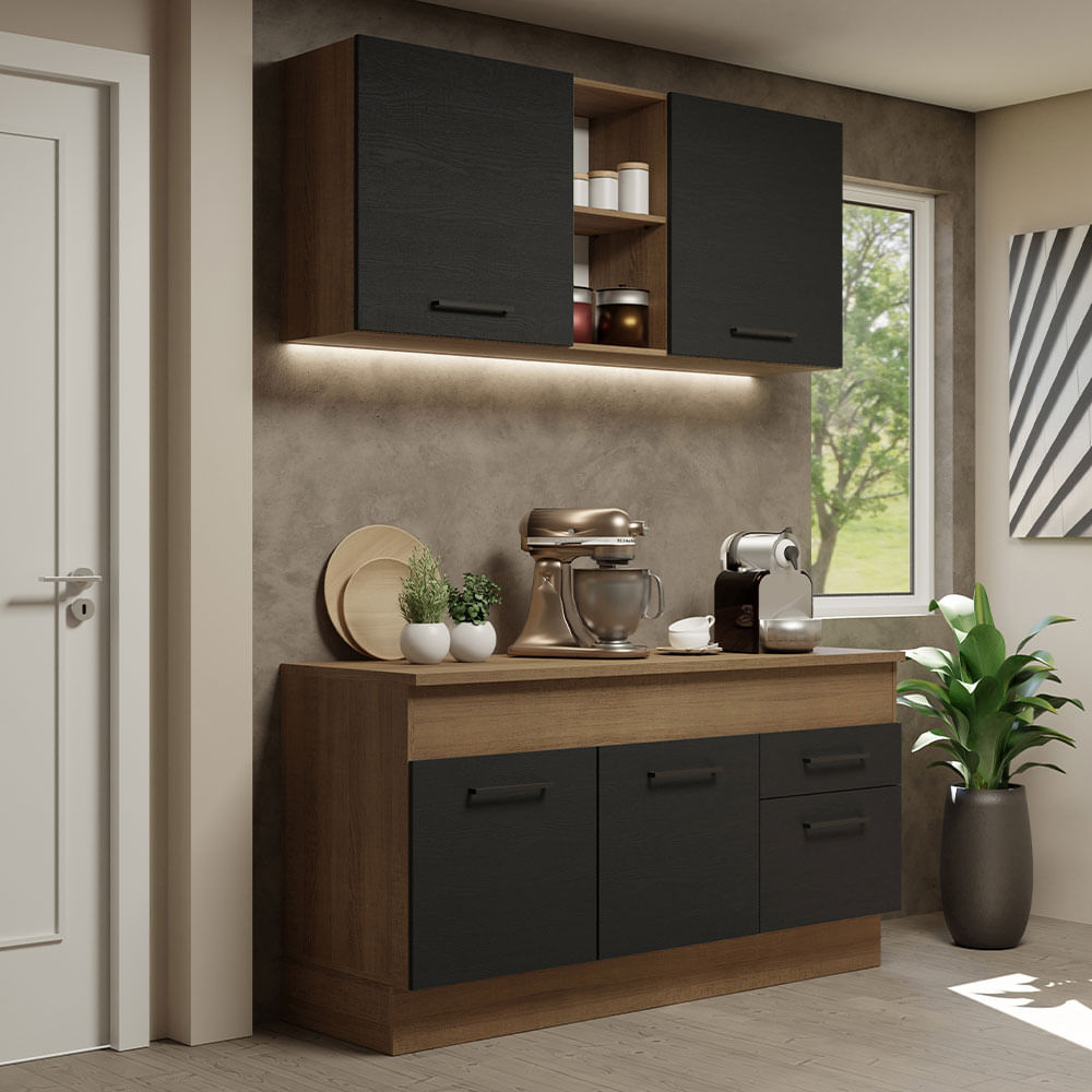 Armário de Cozinha Compacta 150cm Rustic/Preto Agata Madesa 01 - Rustic/Preto
