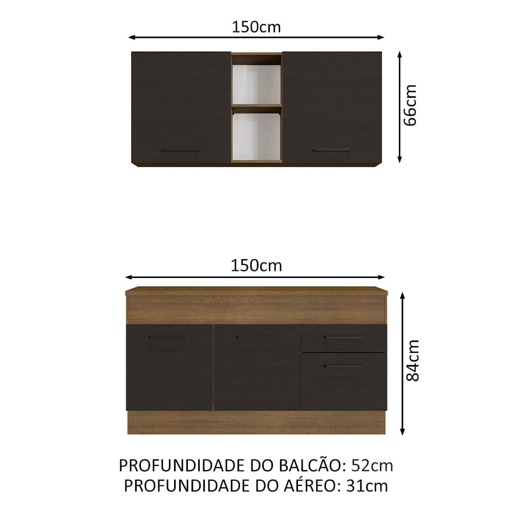 Armário de Cozinha Compacta 150cm Rustic/Preto Agata Madesa 01