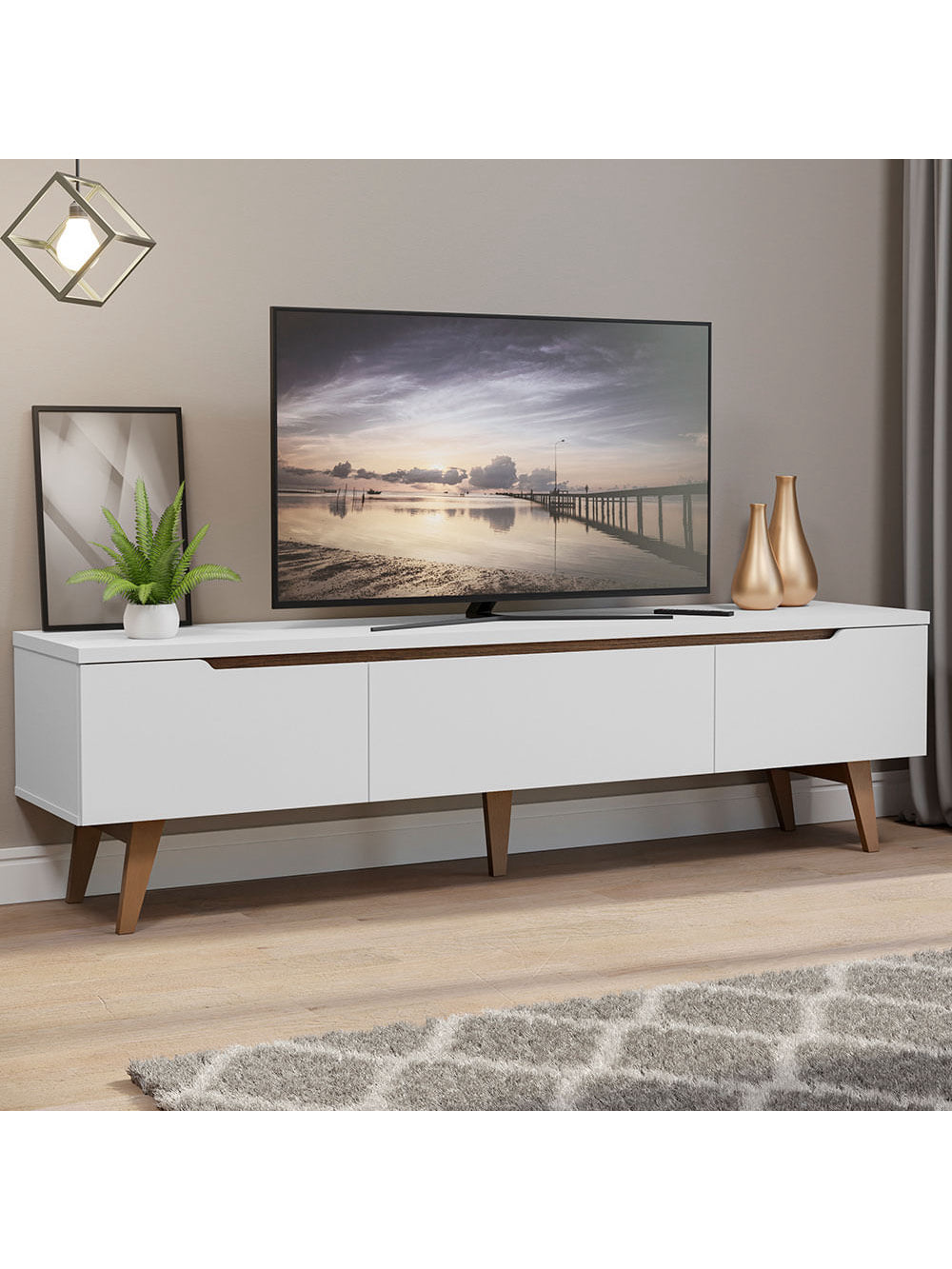 Rack Retrô Madesa Reims Branco para TV até 75 Polegadas Pés de Madeira