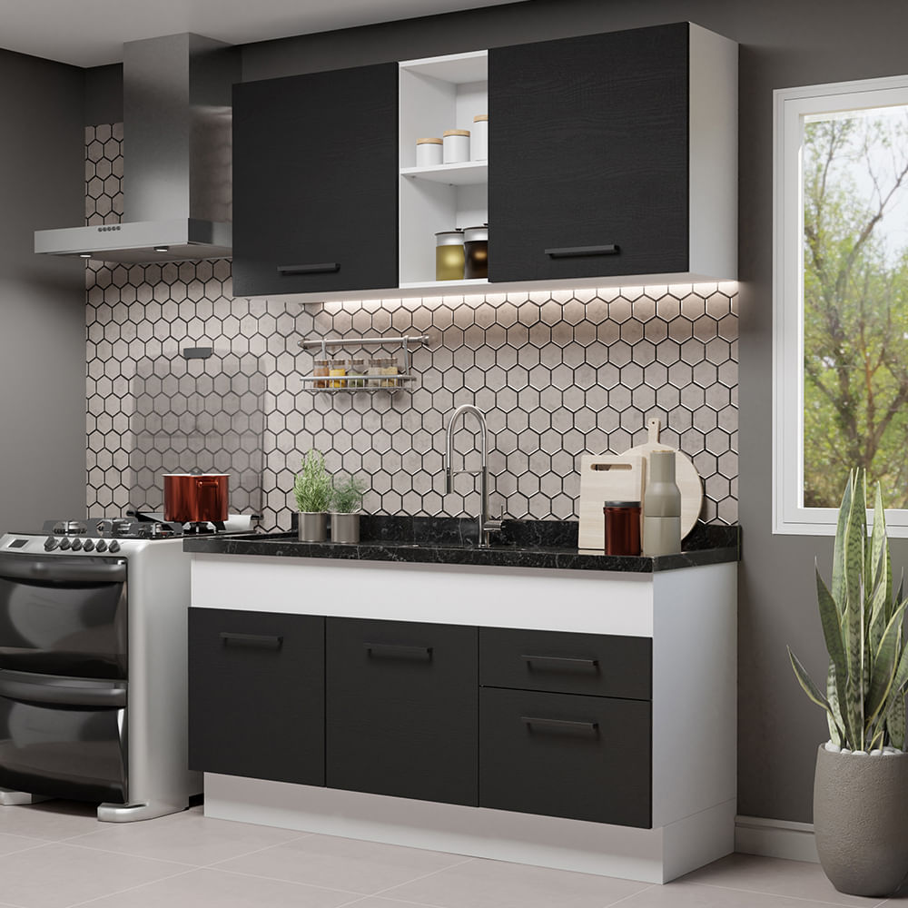 Armário de Cozinha Compacta 150cm Branco/Preto Agata Madesa 02 - Branco/Preto