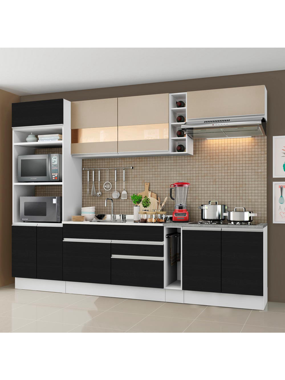 Armário de Cozinha Completa 290cm Branco/Preto/Crema Vicenza Madesa 06 - Branco/Preto/Crema