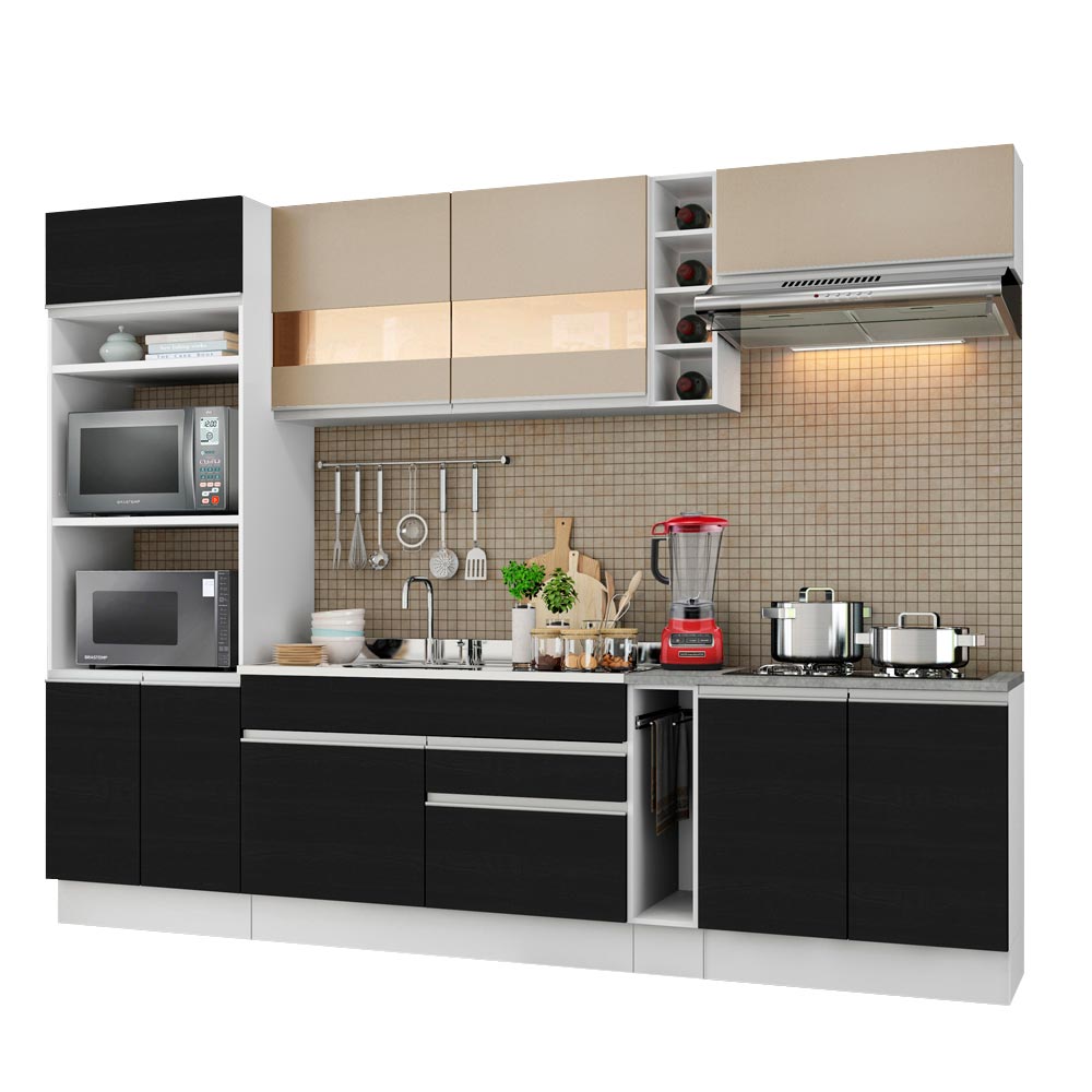Armário de Cozinha Completa 290cm Branco/Preto/Crema Vicenza Madesa 06 - Branco/Preto/Crema