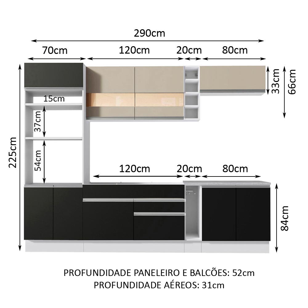 Armário de Cozinha Completa 290cm Branco/Preto/Crema Vicenza Madesa 06