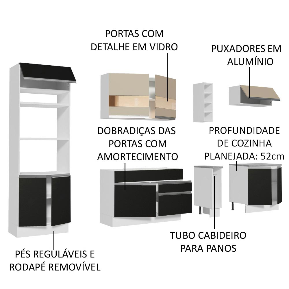 Armário de Cozinha Completa 290cm Branco/Preto/Crema Vicenza Madesa 06