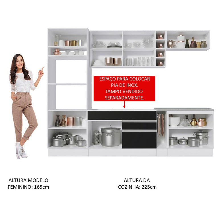 Armário de Cozinha Completa 290cm Branco/Preto/Crema Vicenza Madesa 06