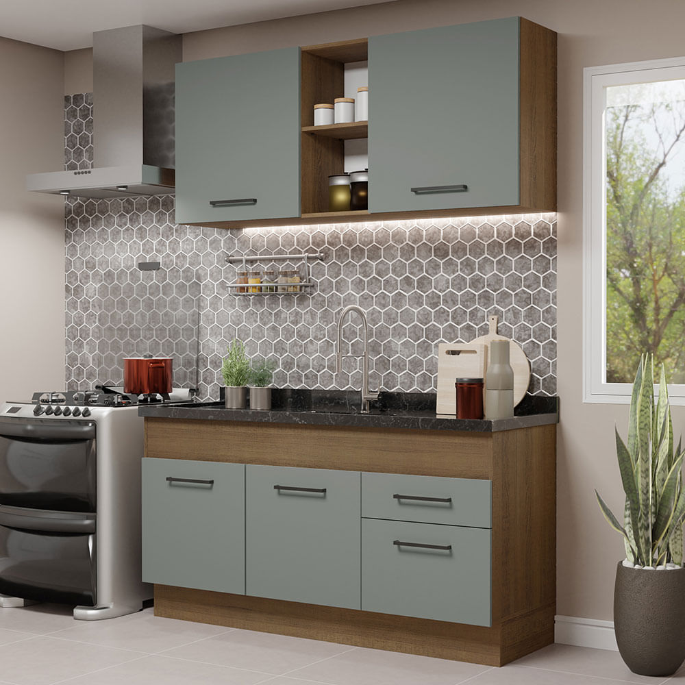 Armário de Cozinha Compacta 150cm Rustic/Cinza Agata Madesa 02 - Rustic/Cinza