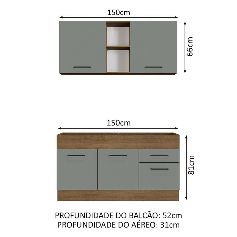 Armário de Cozinha Compacta 150cm Rustic/Cinza Agata Madesa 02