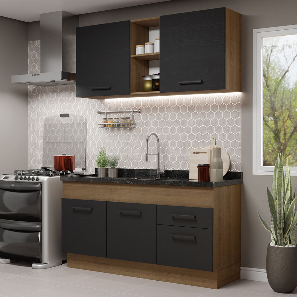 Armário de Cozinha Compacta 150cm  Rustic/Preto Agata Madesa 02 - Rustic/Preto
