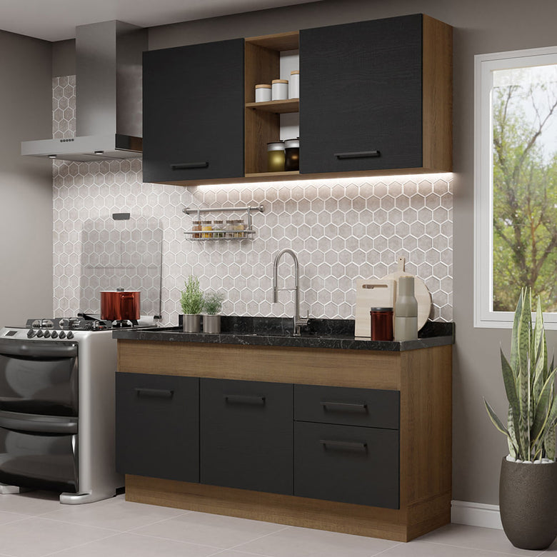 Armário de Cozinha Compacta 150cm  Rustic/Preto Agata Madesa 02