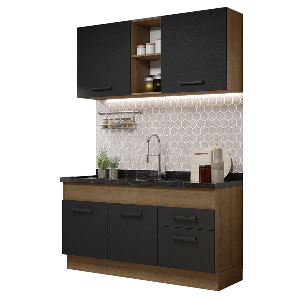 Armário de Cozinha Compacta 150cm  Rustic/Preto Agata Madesa 02 - Rustic/Preto