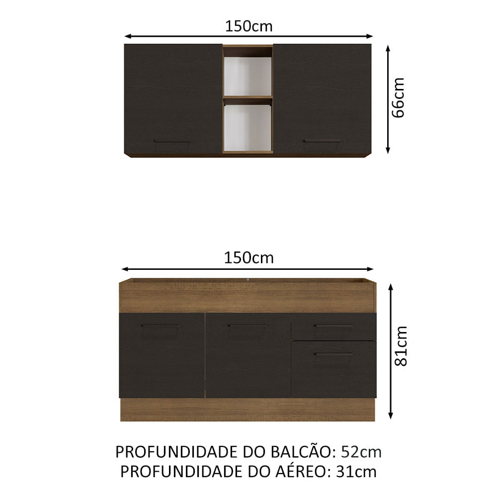 Armário de Cozinha Compacta 150cm  Rustic/Preto Agata Madesa 02