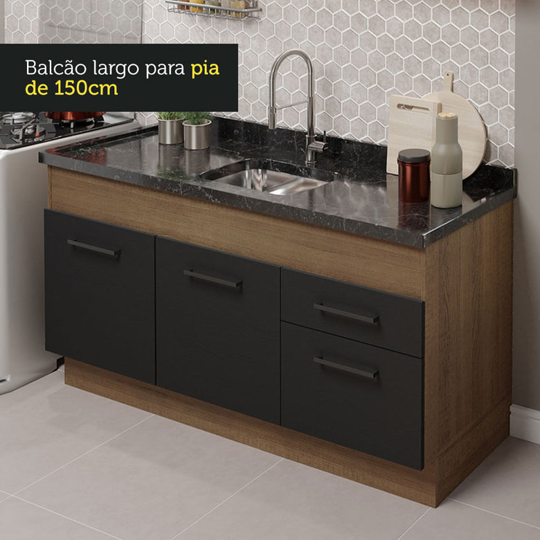 Armário de Cozinha Compacta 150cm  Rustic/Preto Agata Madesa 02