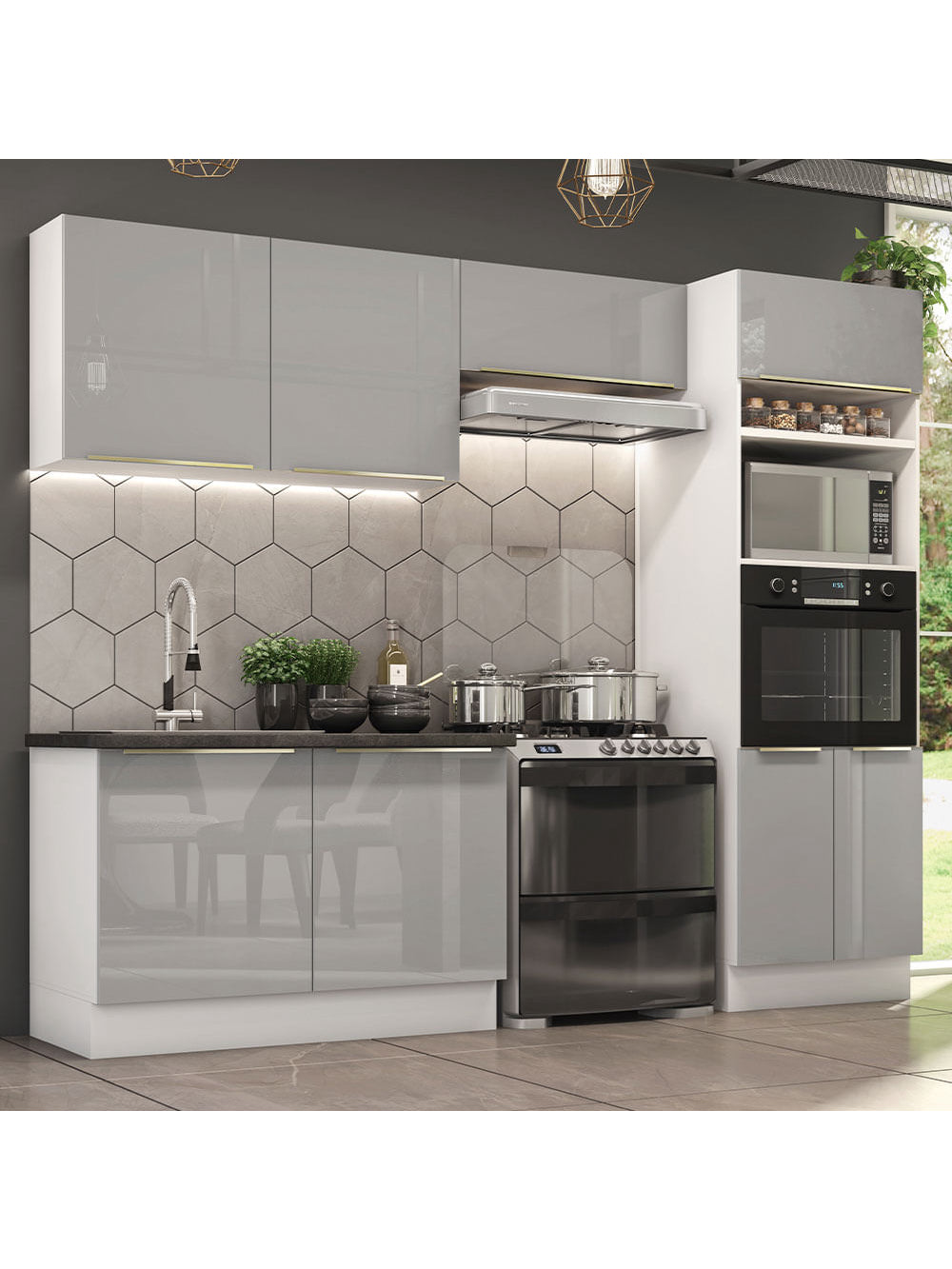 Armário de Cozinha Completa 270cm Branco Cinza Lux Madesa 01 - Branco/Cinza