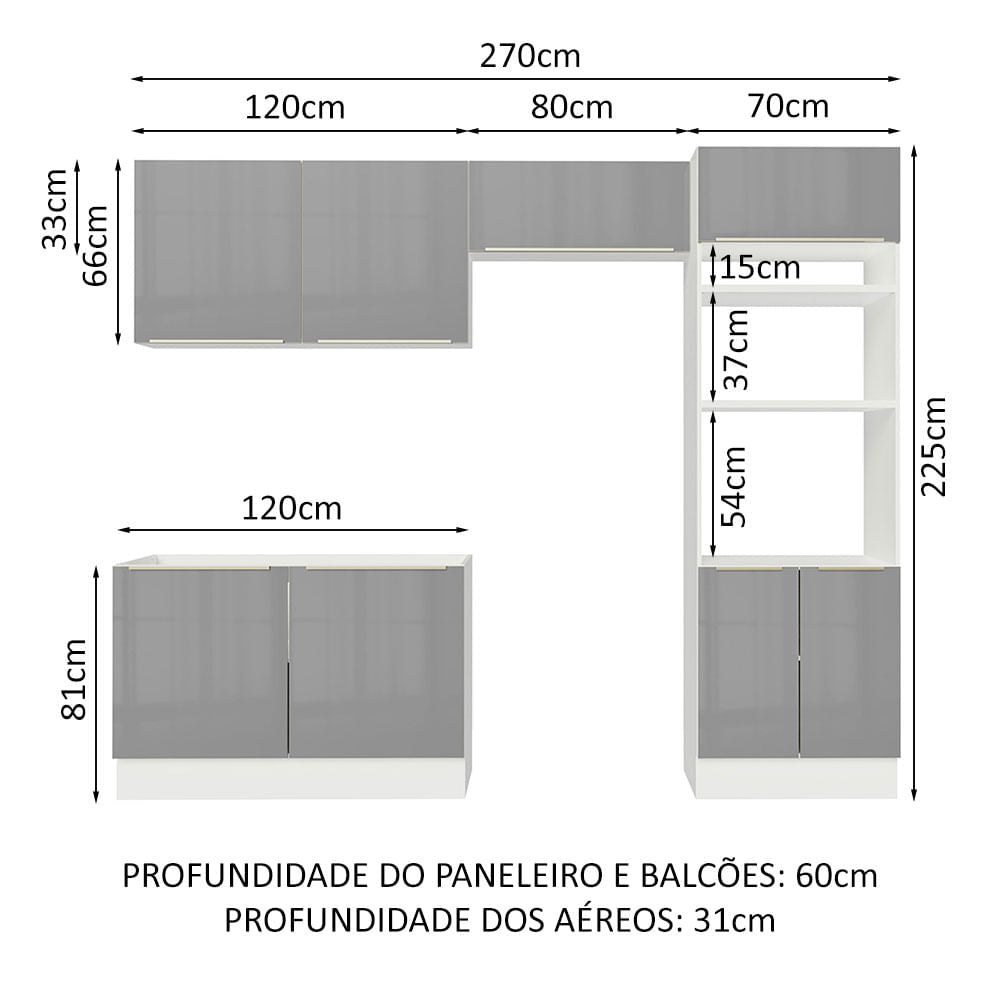 Armário de Cozinha Completa 270cm Branco Cinza Lux Madesa 01