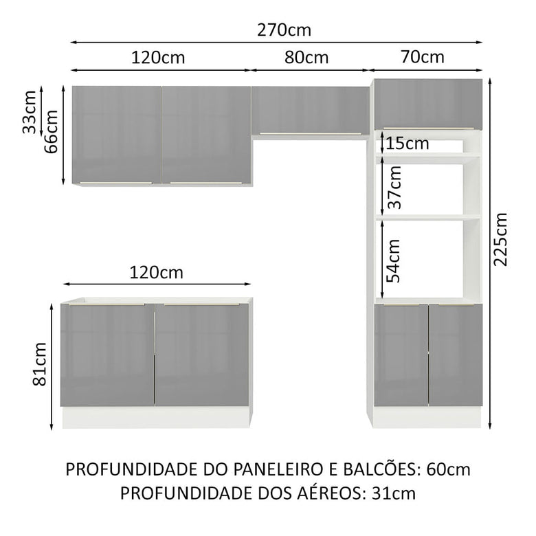 Armário de Cozinha Completa 270cm Branco Cinza Lux Madesa 01