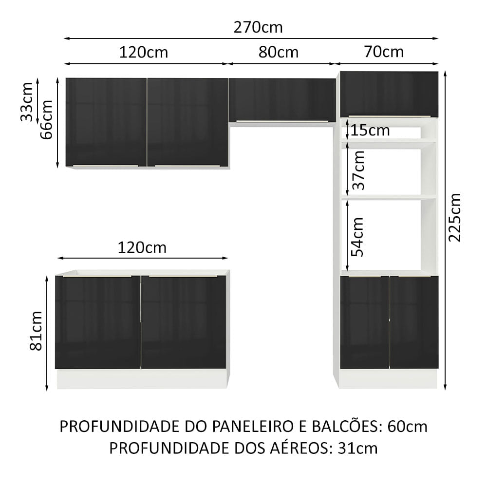 Armário de Cozinha Completa 270cm Branco Preto Lux Madesa 01