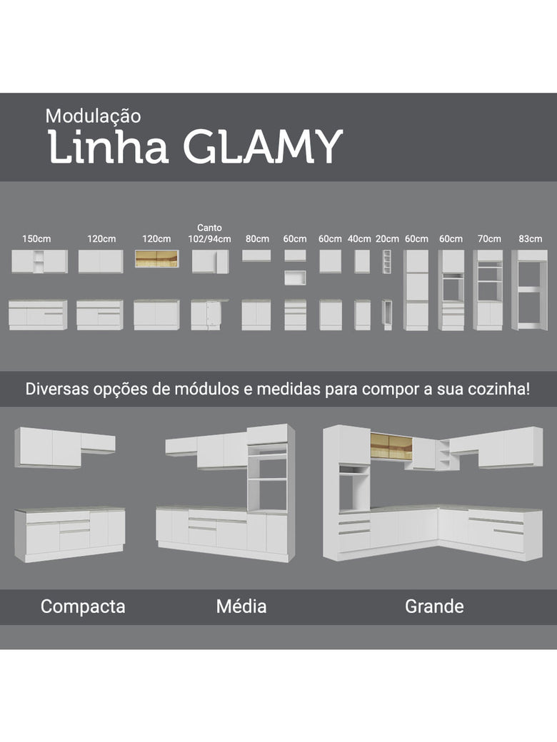 Armário de Cozinha Completa 290cm Branco/Branco/Crema Vicenza Madesa 01