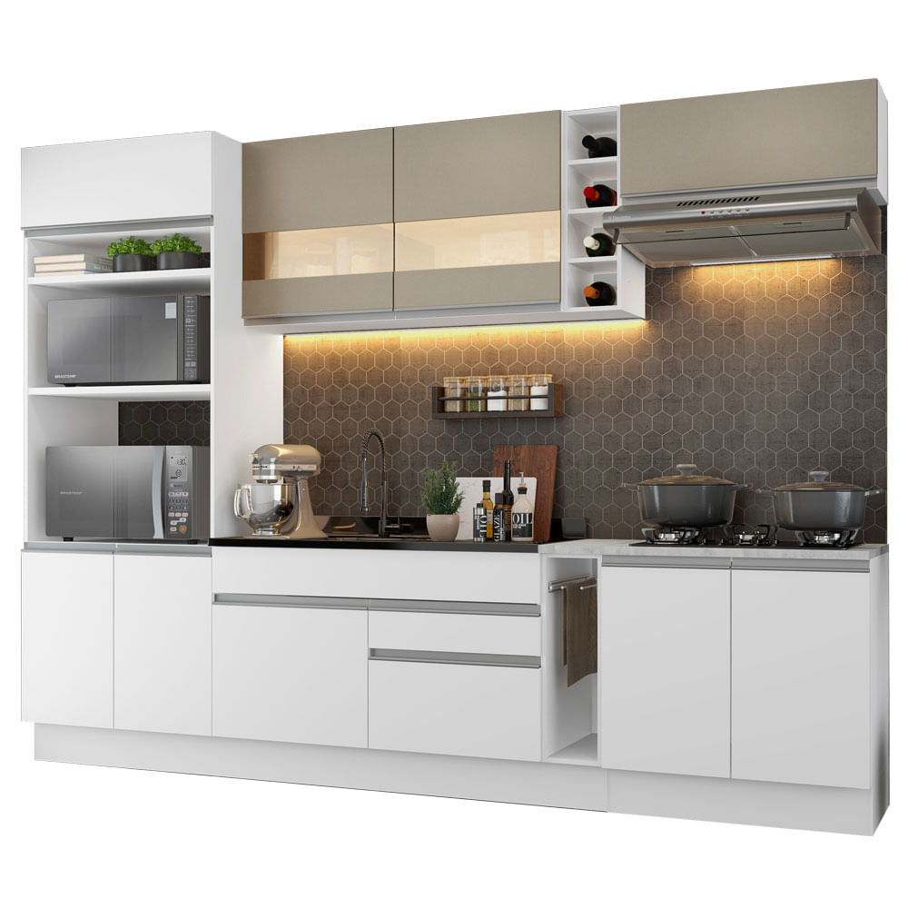 Armário de Cozinha Completa 290cm Branco/Branco/Crema Vicenza Madesa 01 - Branco/Branco/Crema