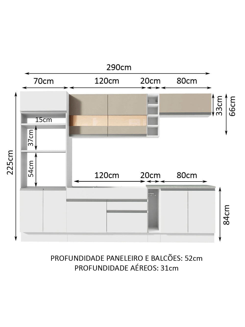 Armário de Cozinha Completa 290cm Branco/Branco/Crema Vicenza Madesa 01