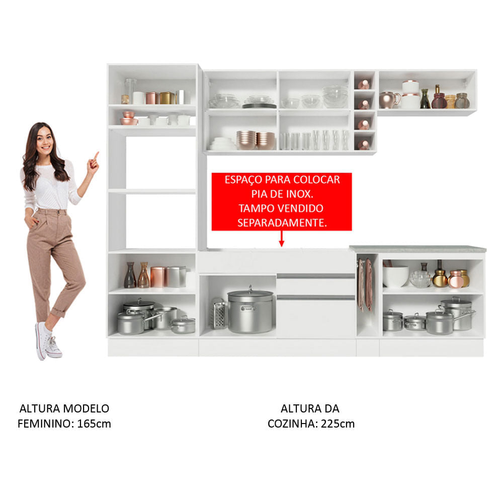 Armário de Cozinha Completa 290cm Branco/Branco/Crema Vicenza Madesa 01