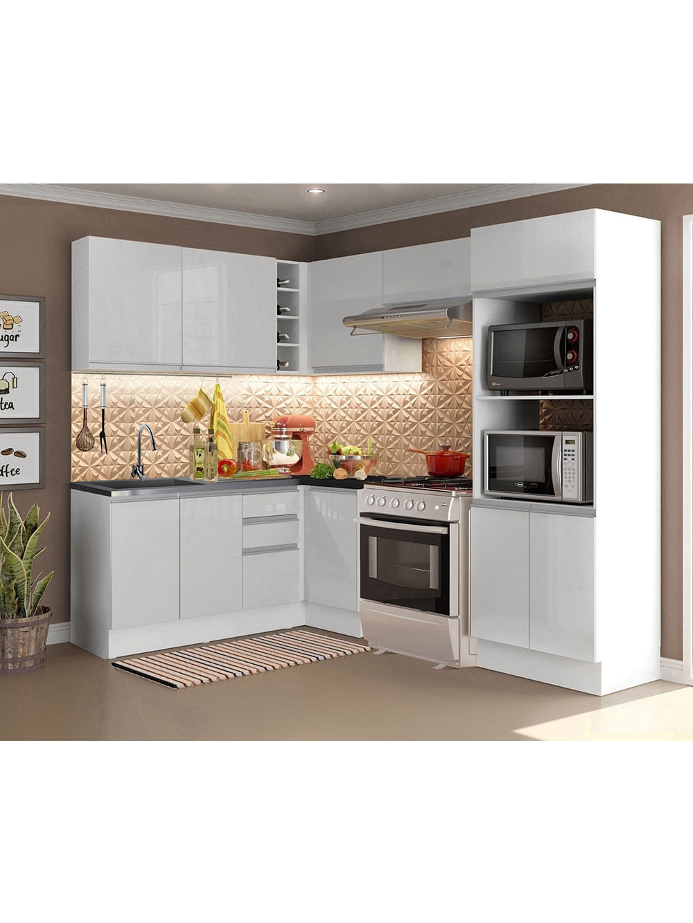 Armário de Cozinha Completa de Canto 100% MDF 419cm Frentes Branco Brilho Acordes Madesa XAXA01 - Branco