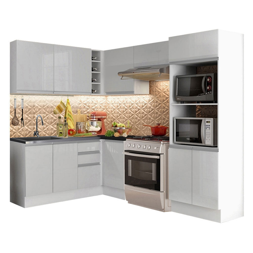 Armário de Cozinha Completa de Canto 100% MDF 419cm Frentes Branco Brilho Acordes Madesa XAXA01 - Branco
