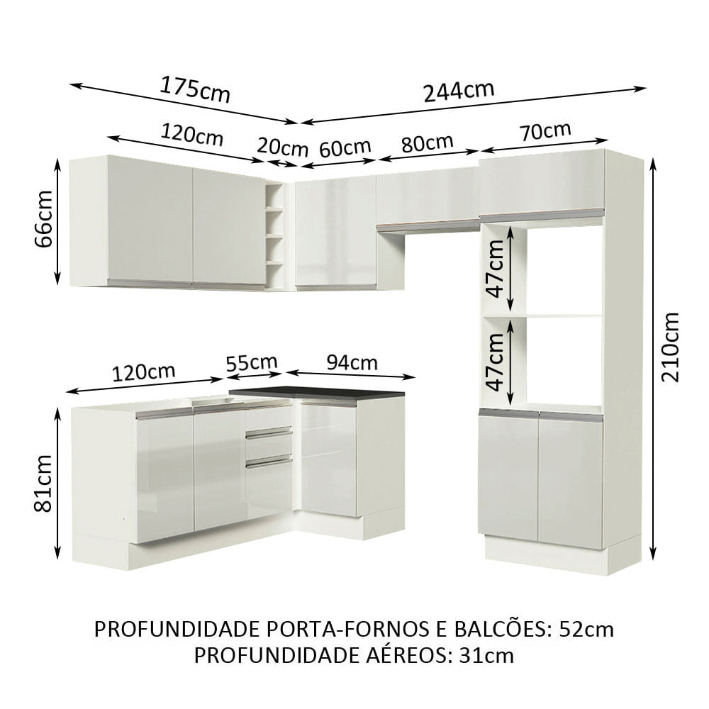 Armário de Cozinha Completa de Canto 100% MDF 419cm Frentes Branco Brilho Acordes Madesa XAXA01