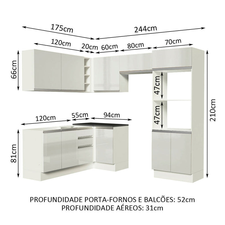 Armário de Cozinha Completa de Canto 100% MDF 419cm Frentes Branco Brilho Acordes Madesa XAXA01
