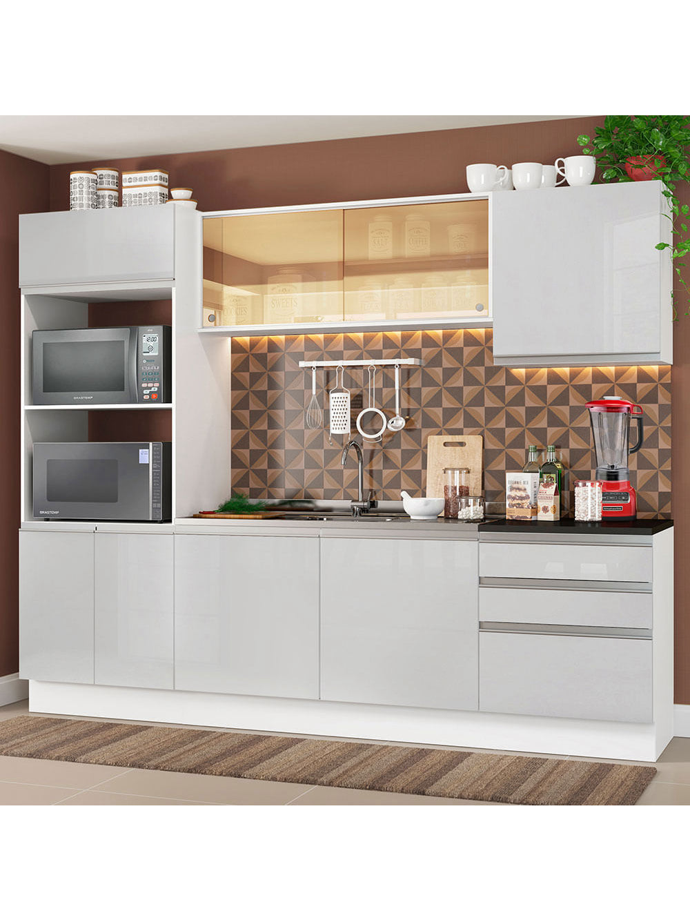 Armário de Cozinha Completa 100% MDF 250cm Frentes Branco Brilho Acordes Madesa XA01 - Branco