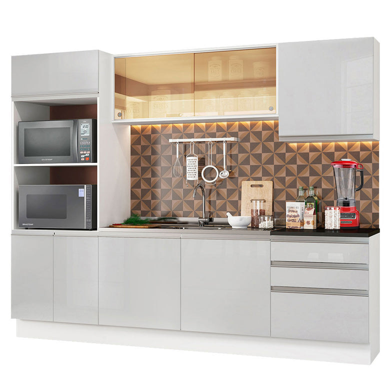 Armário de Cozinha Completa 100% MDF 250cm Frentes Branco Brilho Acordes Madesa XA01