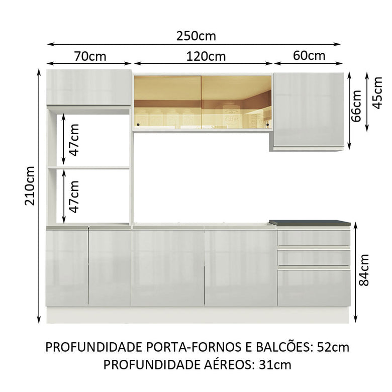 Armário de Cozinha Completa 100% MDF 250cm Frentes Branco Brilho Acordes Madesa XA01