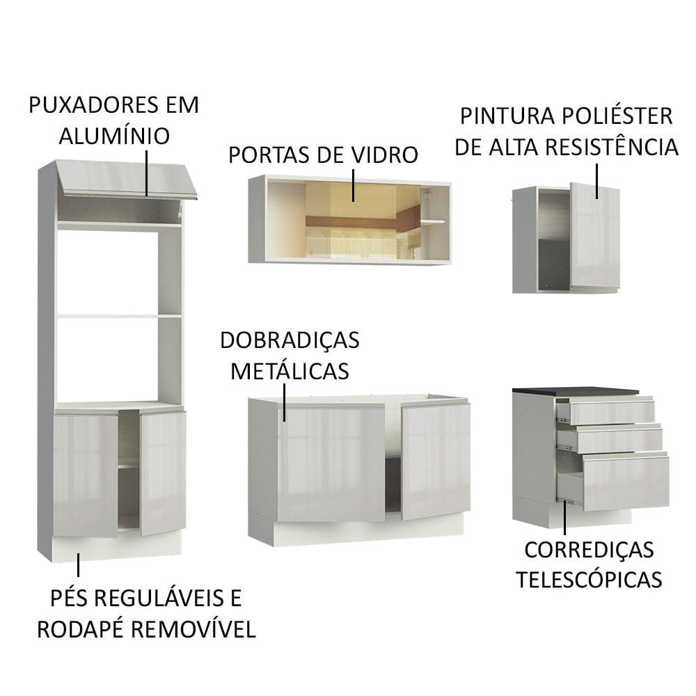 Armário de Cozinha Completa 100% MDF 250cm Frentes Branco Brilho Acordes Madesa XA01