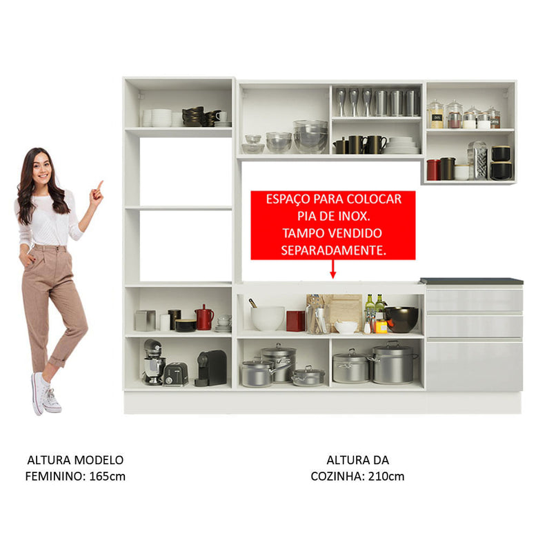 Armário de Cozinha Completa 100% MDF 250cm Frentes Branco Brilho Acordes Madesa XA01