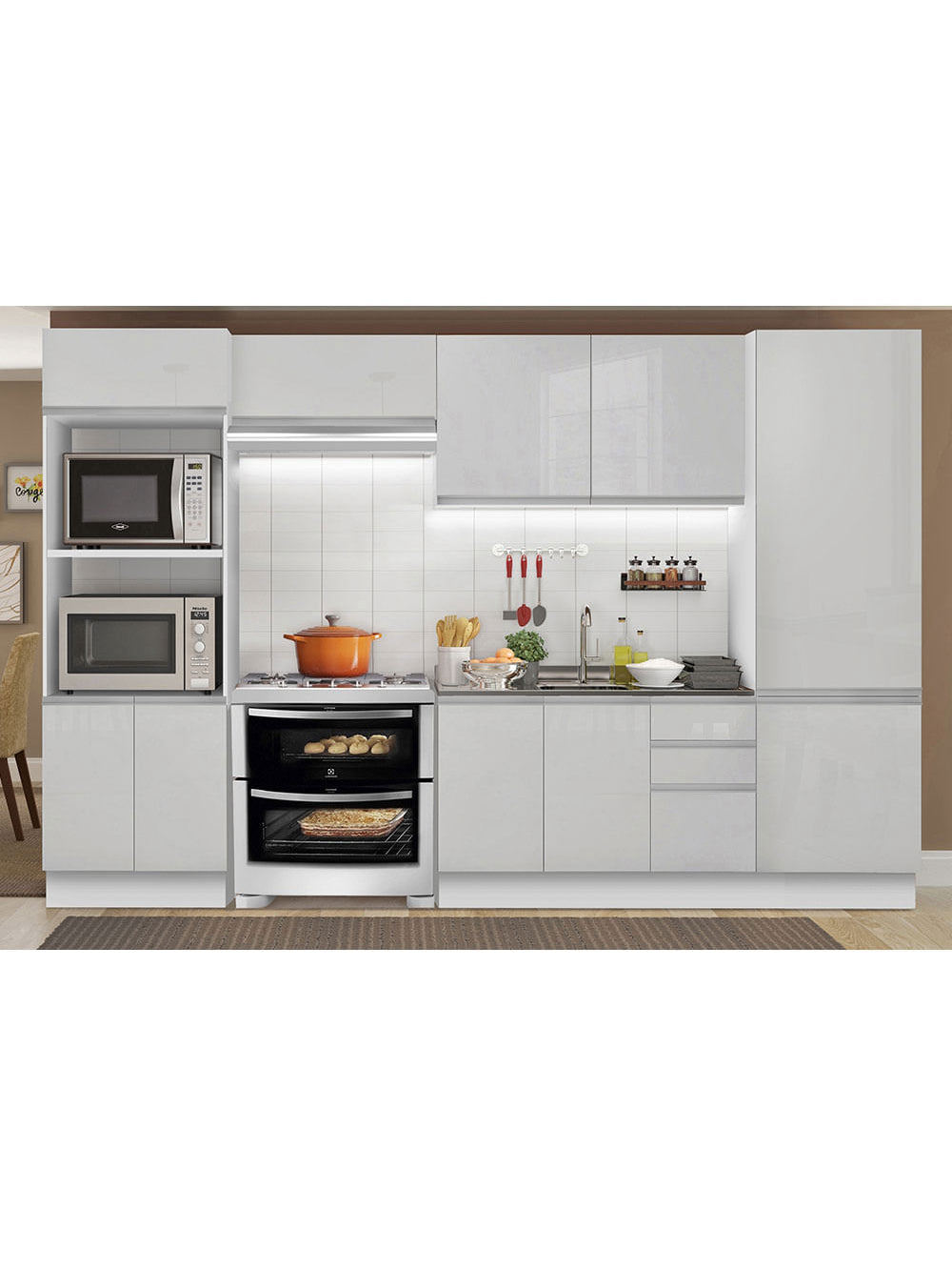Armário de Cozinha Completa 100% MDF 330cm Frentes Branco Brilho Acordes Madesa XA02 - Branco