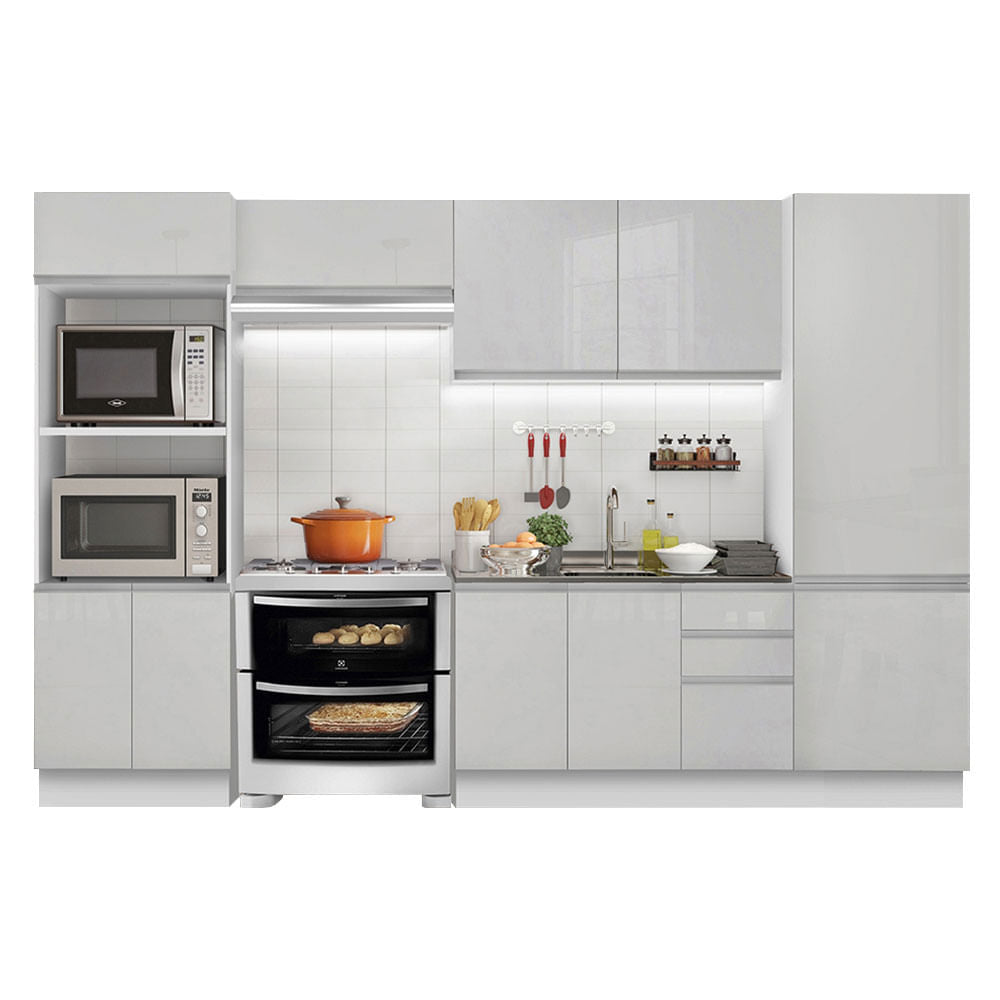 Armário de Cozinha Completa 100% MDF 330cm Frentes Branco Brilho Acordes Madesa XA02 - Branco