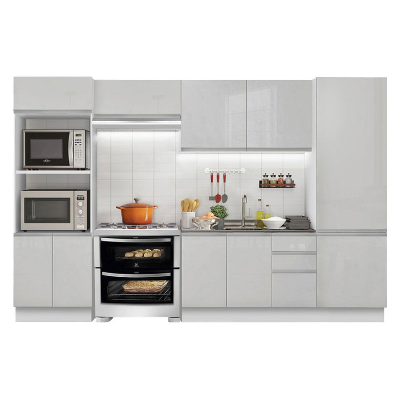 Armário de Cozinha Completa 100% MDF 330cm Frentes Branco Brilho Acordes Madesa XA02