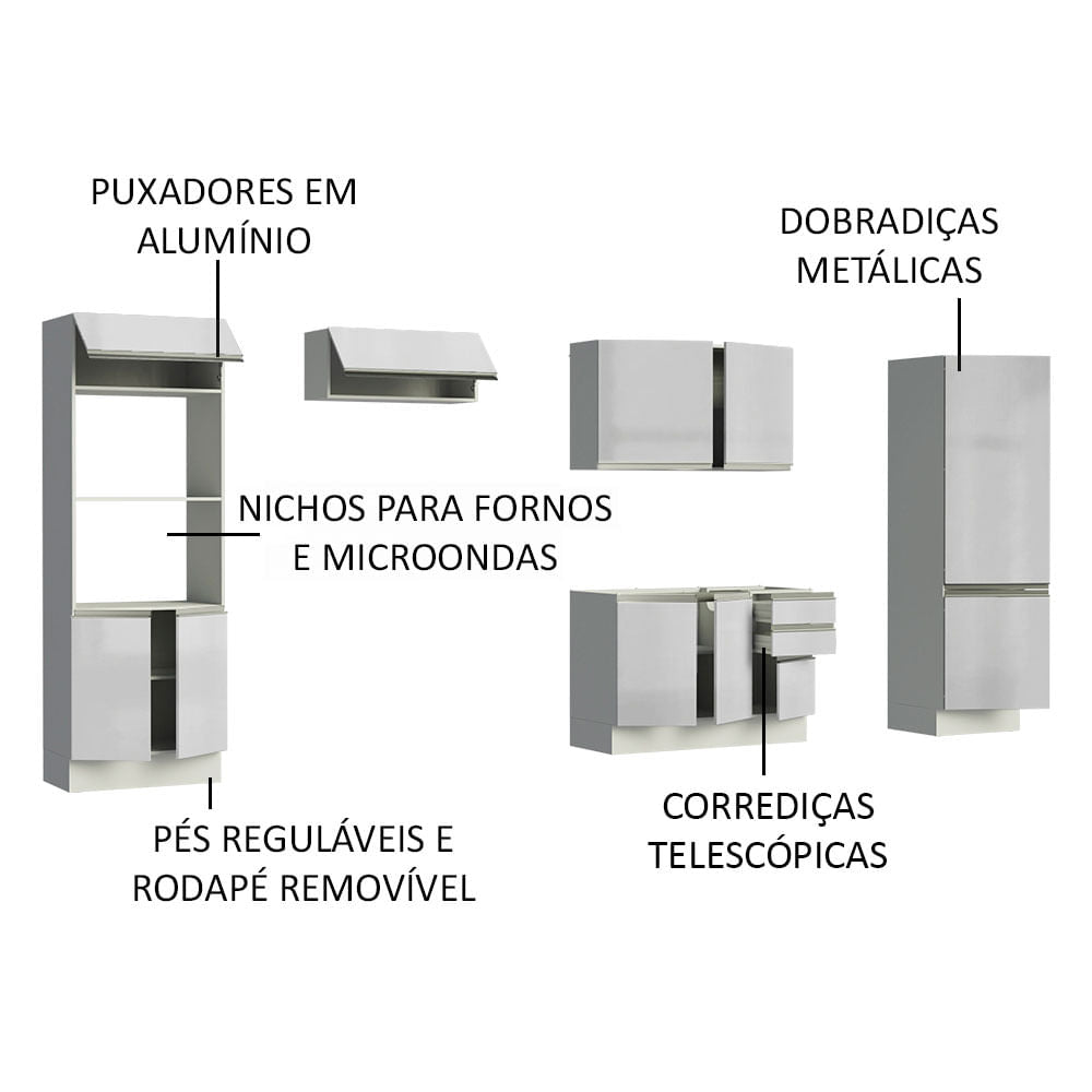Armário de Cozinha Completa 100% MDF 330cm Frentes Branco Brilho Acordes Madesa XA02