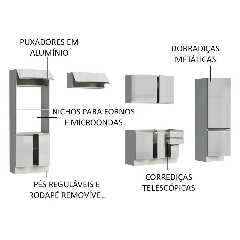 Armário de Cozinha Completa 100% MDF 330cm Frentes Branco Brilho Acordes Madesa XA02
