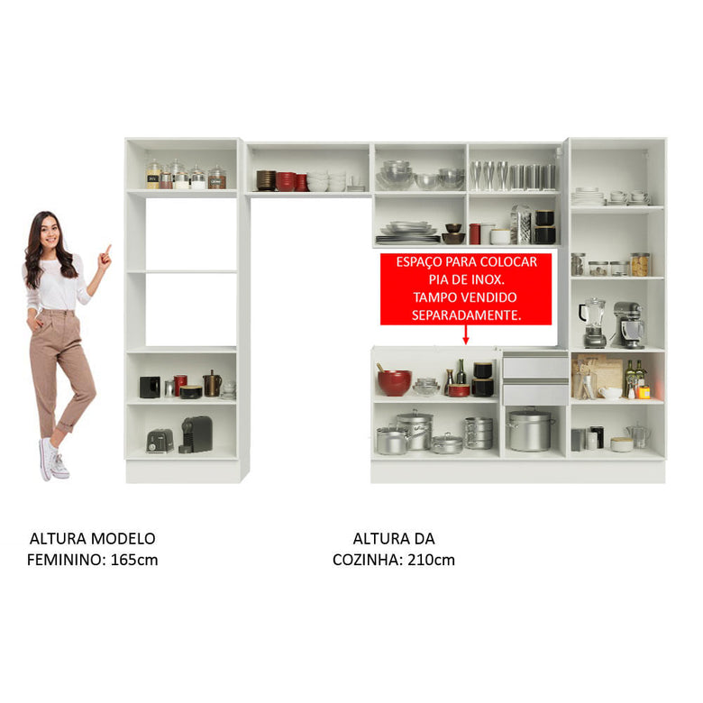 Armário de Cozinha Completa 100% MDF 330cm Frentes Branco Brilho Acordes Madesa XA02