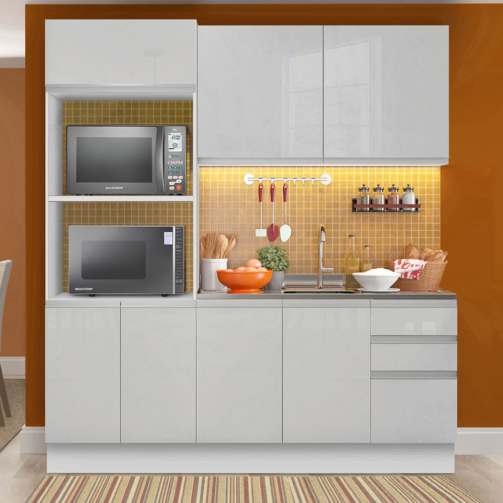 Armário de Cozinha Compacta 100% MDF Madesa Acordes XB190001 com Balcão e Torre Portas Branco Brilho - Branco