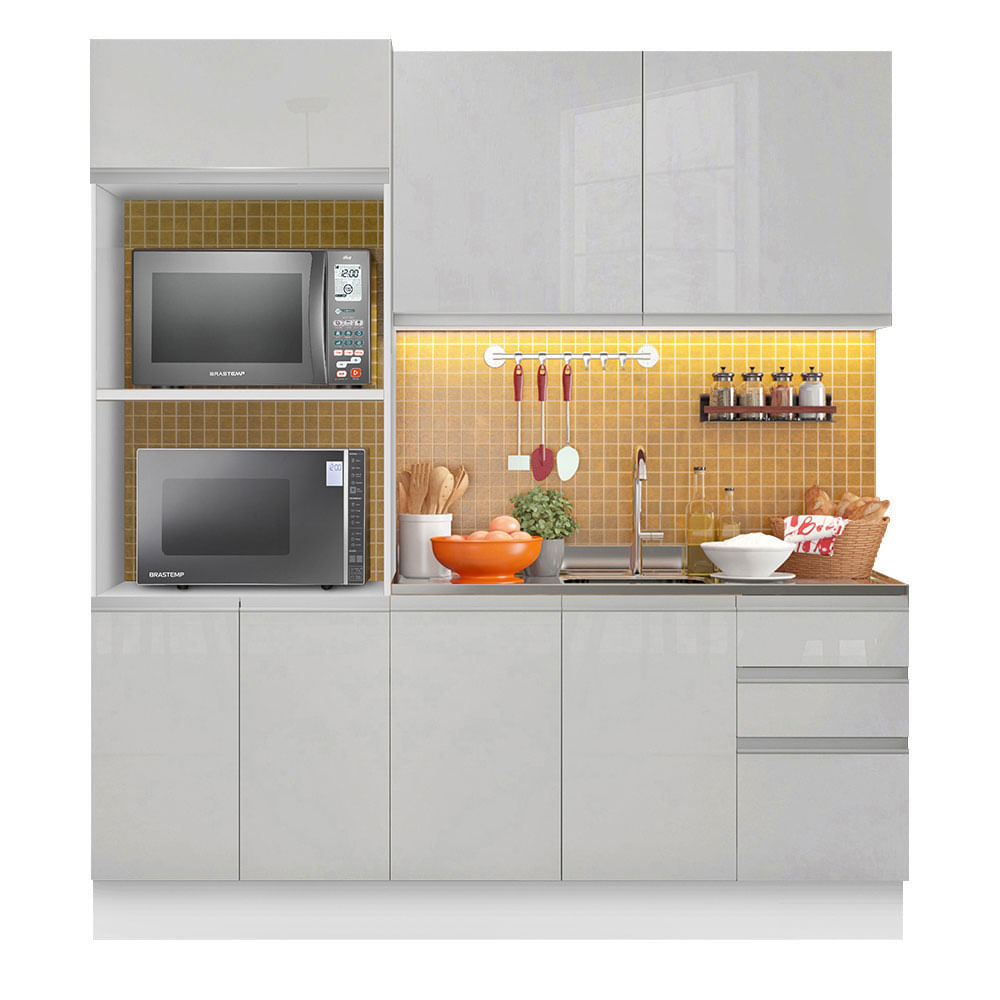 Armário de Cozinha Compacta 100% MDF Madesa Acordes XB190001 com Balcão e Torre Portas Branco Brilho - Branco